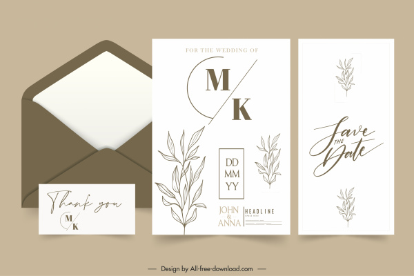 wedding card template bright classic design handdrawn leaves