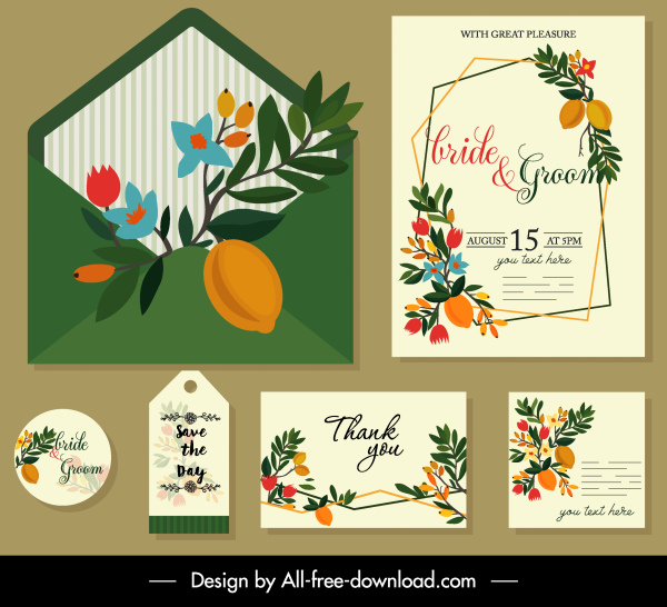 wedding card template elegant colorful leaves fruit decor