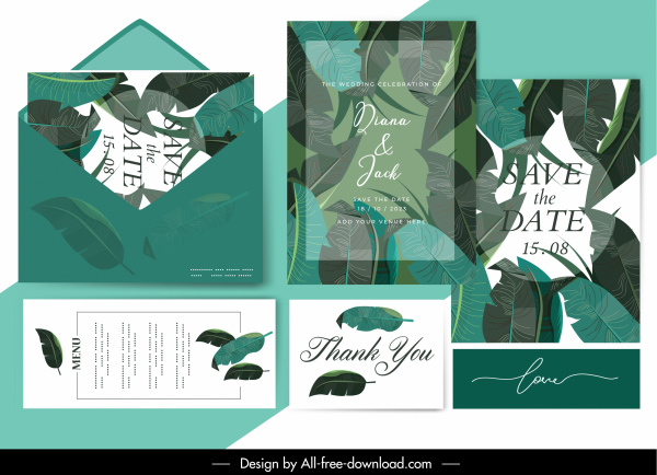 wedding card template green leaf decor blurred design