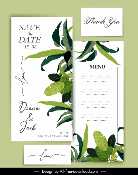 wedding card template green white elegant leaves decor 
