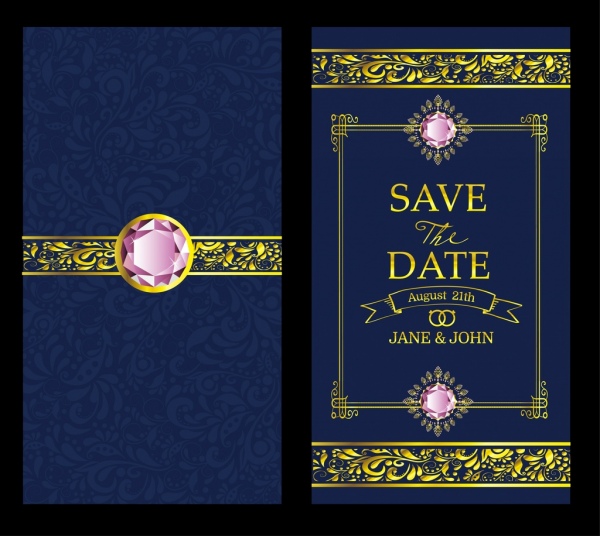 wedding card template luxury gems decor blue background 