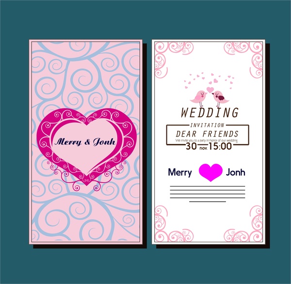 wedding card template with hearts birds curved pattern