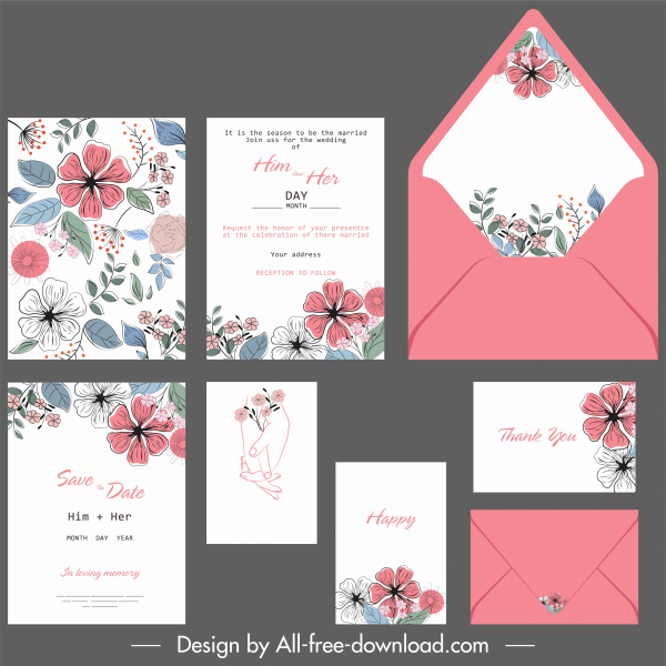 wedding card templates botanical decor colorful retro handdrawn