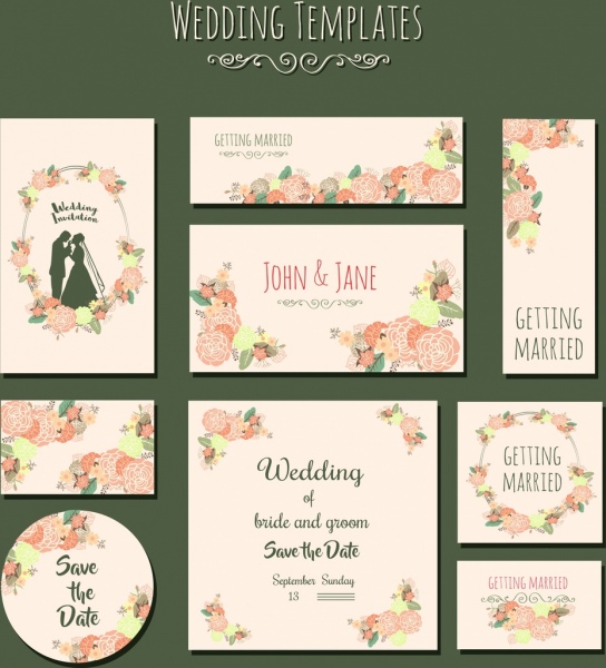 wedding card templates colorful flowers marriage couple icons