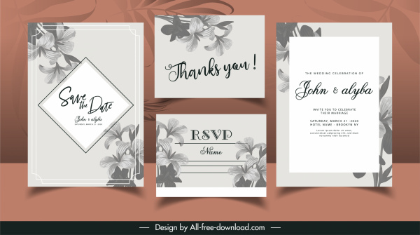 wedding card templates elegant classic grey petals decor 