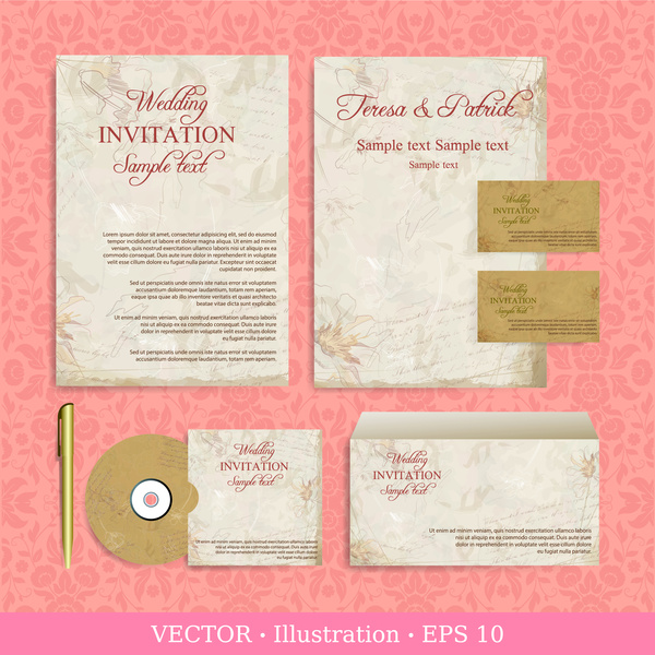 wedding invitation card design illustrations with retro background 