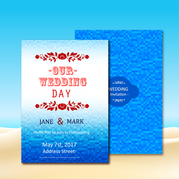 wedding invitation card design with blue bokeh background 