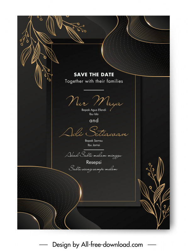 wedding invitation card template luxury dark handdrawn leaves curves