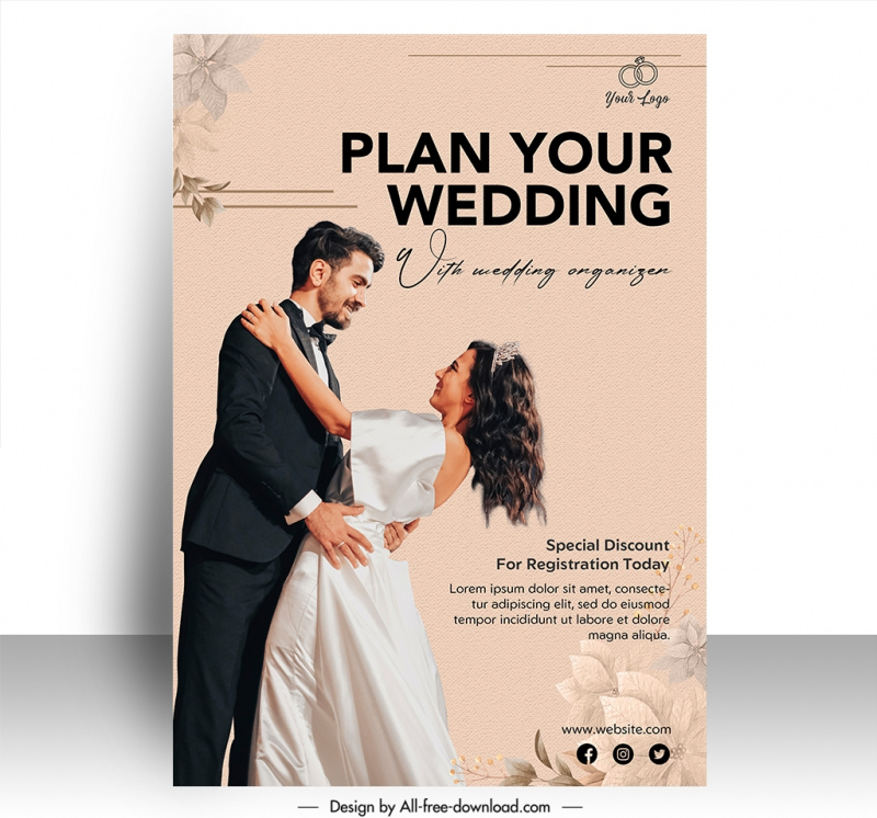 wedding poster template dynamic happy couple flowers