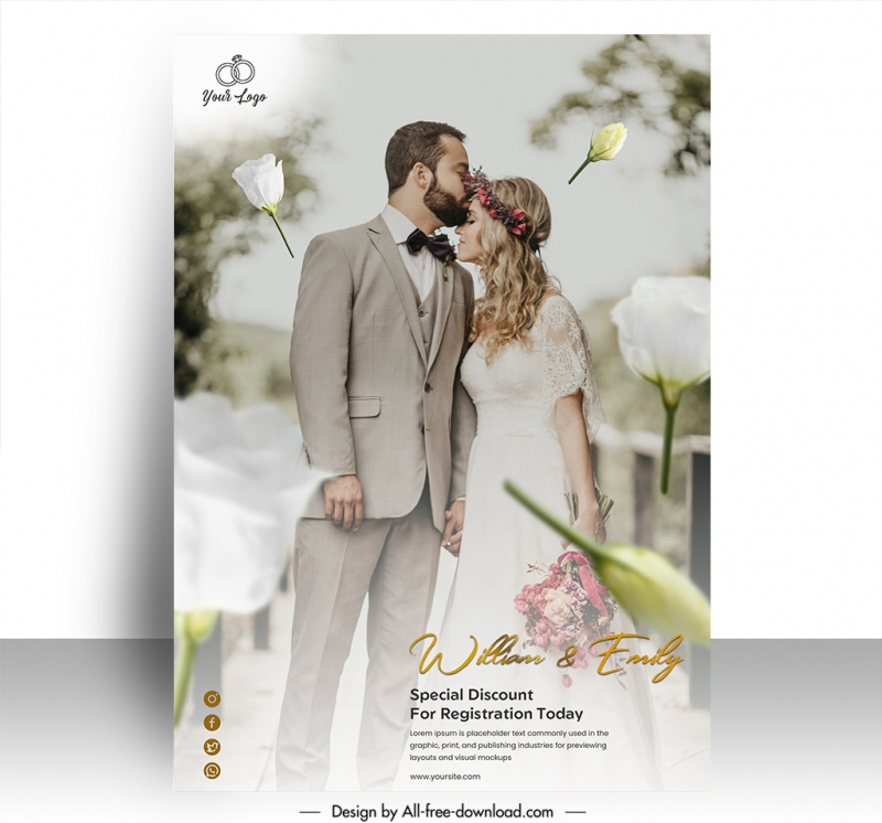 wedding poster template romantic kissing couple dynamic flowers