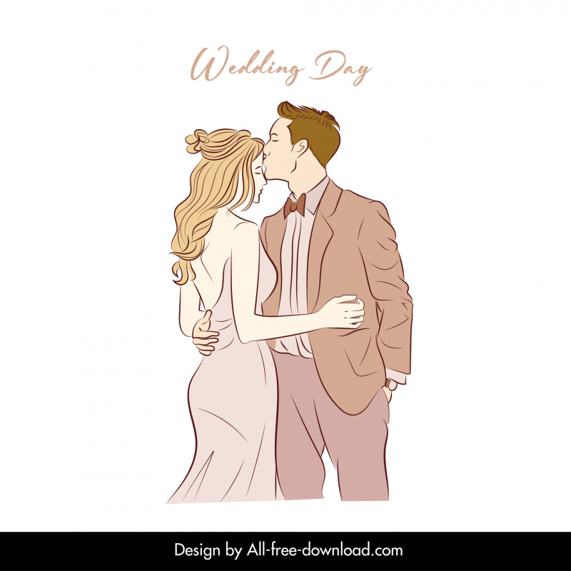 weeding card design elements kissing bride groom sketch handdrawn line art design 