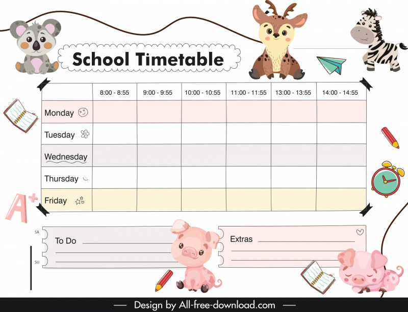 weekly planner template cute cartoon animals school elements sketch