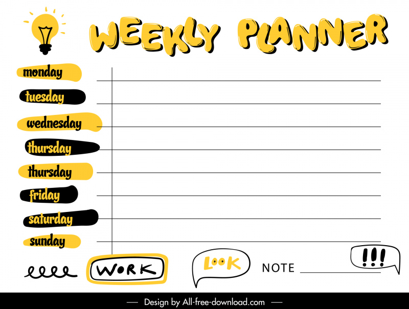weekly planner template flat classical table lightbulb speech bubble texts sketch
