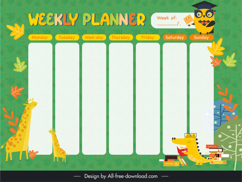 weekly planner template flat stylized cartoon animals sketch