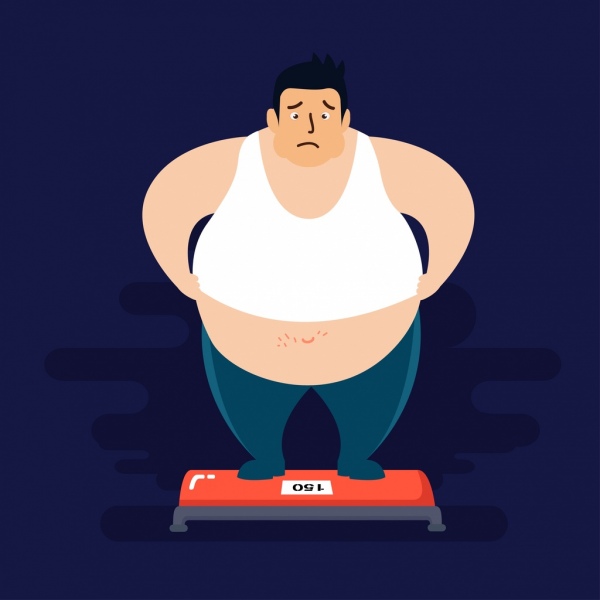 Weight problem drawing fat man weighing icon.