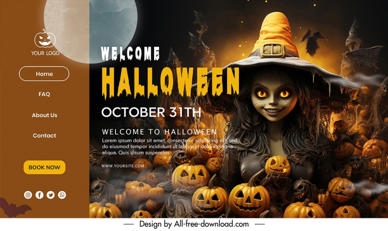 welcome halloween landing page template frightening witch pumpkins elements