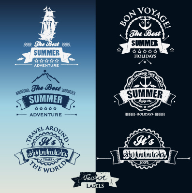 white with dark blue summer travel labels vector