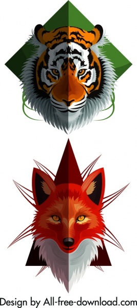 wild animal icons tiger fox heads decor