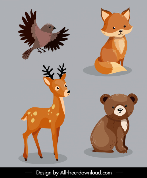 wild animals icons bird fox reindeer bear sketch