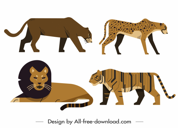 wild animals icons feline sketch classic design