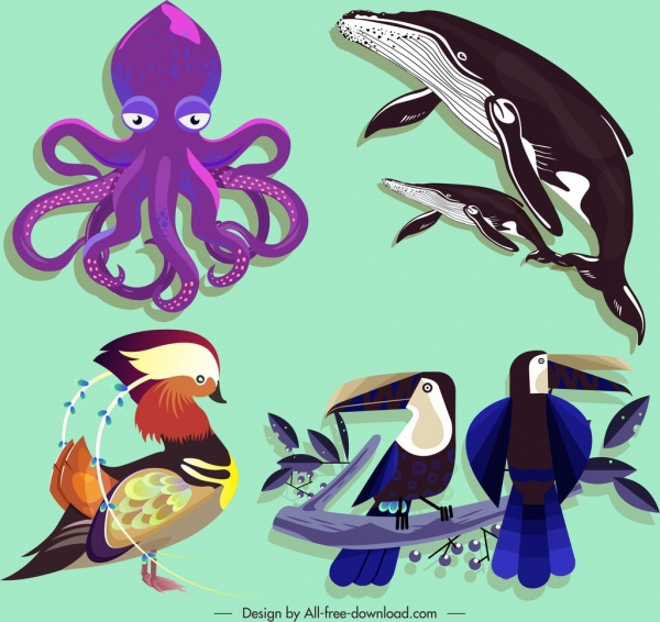 wild animals icons octopus whales birds sketch