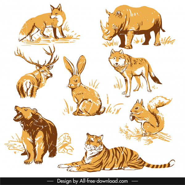 wild animals icons retro handdrawn sketch