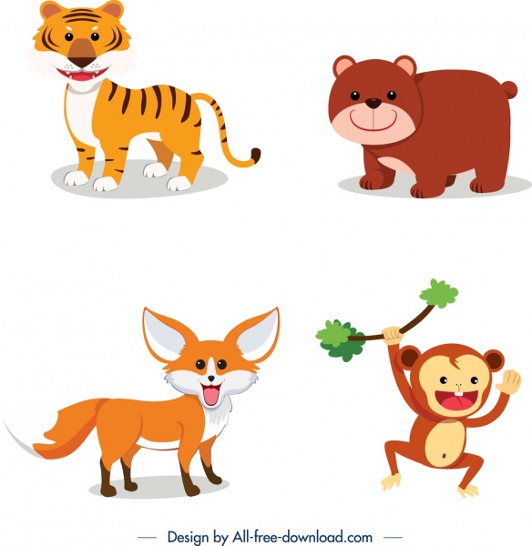wild animals icons tiger bear fox monkey sketch