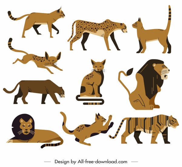 wild feline animals icons classical flat sketch