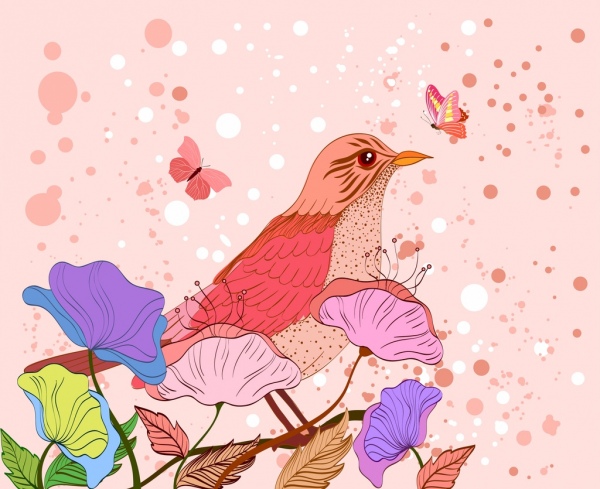 wild nature background pink bird butterfly leaves icons