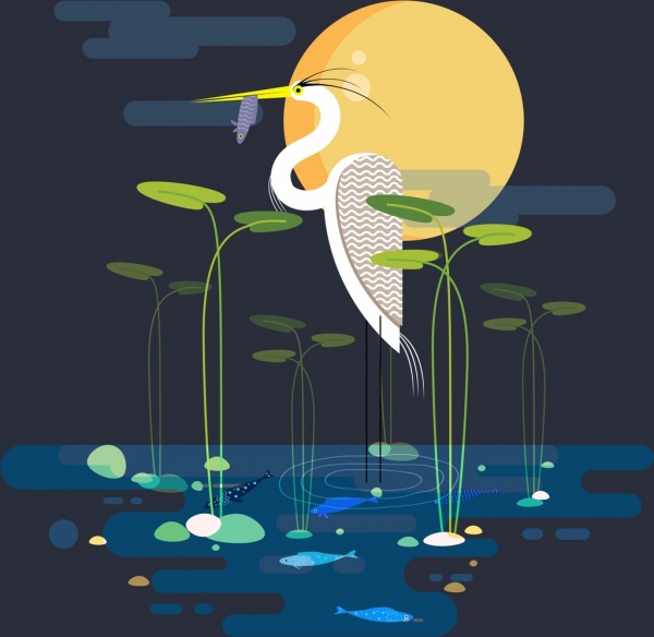 wild nature painting stork fish pond moonlight icons