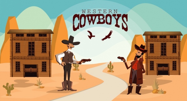 wild west banner cowboy duel colored cartoon