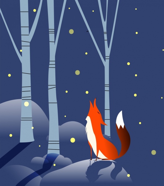 wildlife background brown fox icon falling snow decoration