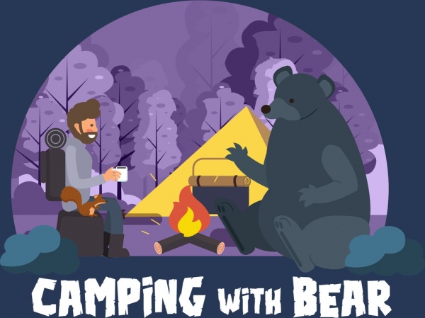 wildlife camp poster man bear tent campfire icons