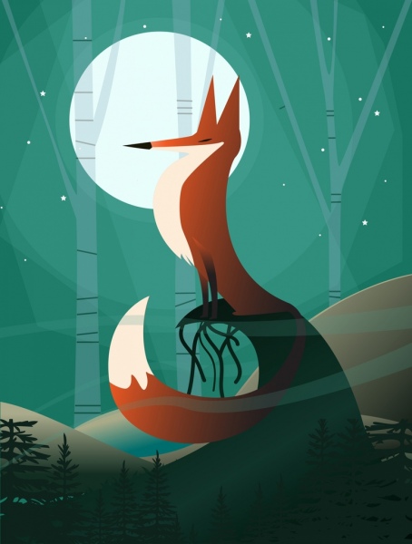 wildlife cartoon background fox icon moonlight decoration