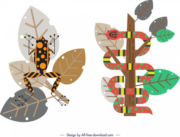 wildlife design elements frog snake leaf icons