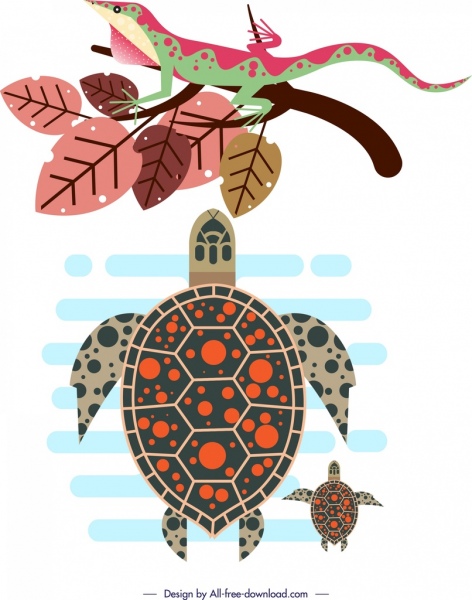 wildlife design elements gecko tortoise leaves icons