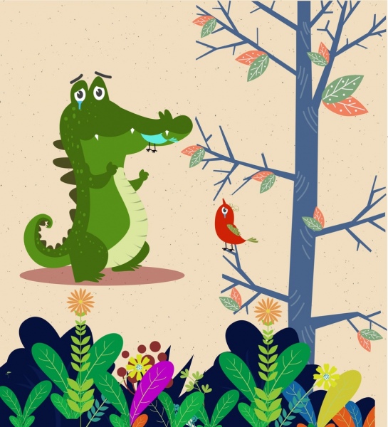 wildlife drawing crocodile birds icons stylized colored cartoon