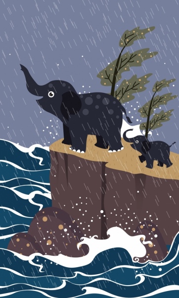 wildlife drawing elephant rain icons colored cartoon
