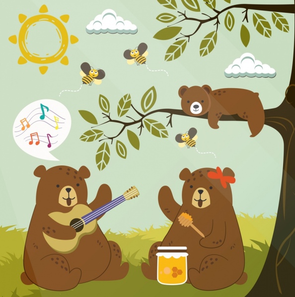 wildlife drawing stylized brown bears honeybees colored cartoon