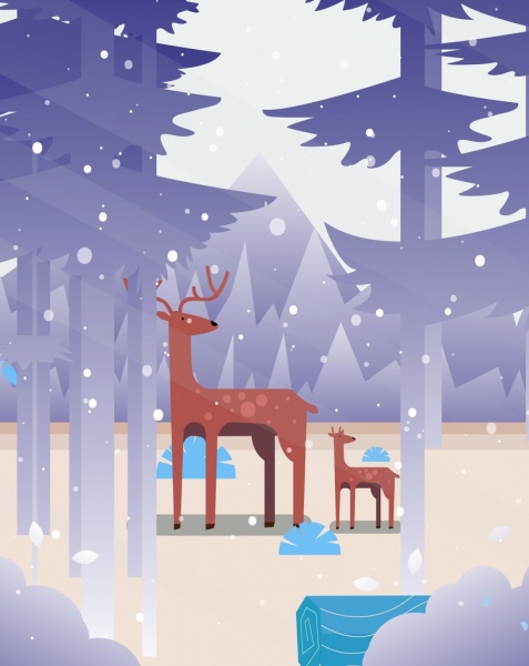 wildlife painting reindeer forest snowfall icons cartoon design