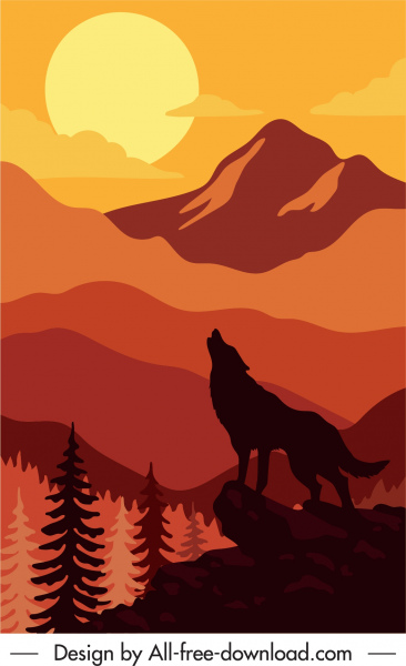 wildlife painting wolf mountain moonlight sketch silhouette decor