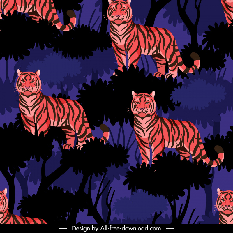 wildlife pattern template repeating tiger trees dark sketch