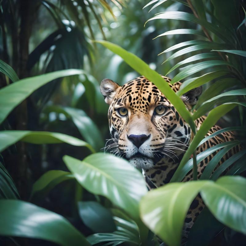 wildlife picture jaguar face forest  leaves 