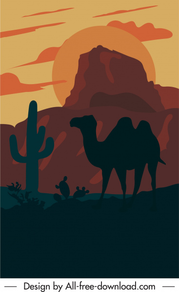 wildlife scene painting camel desert sketch dark design