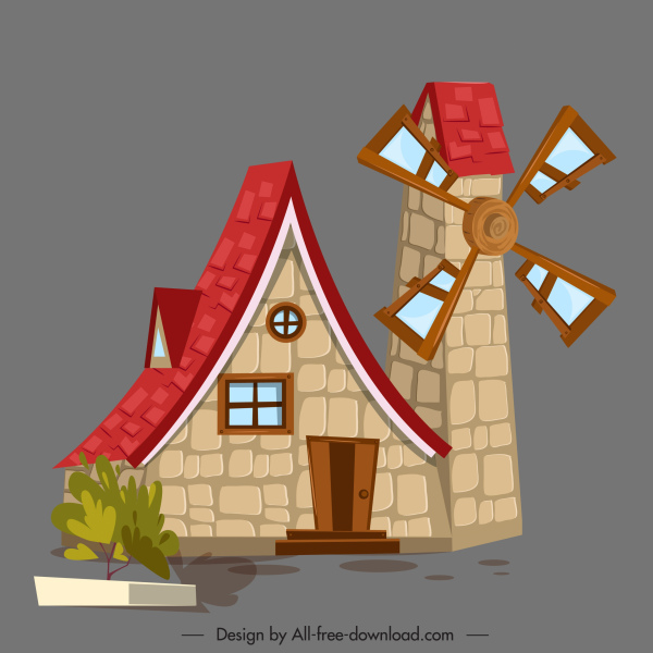 windmill house icon colored classic sketch