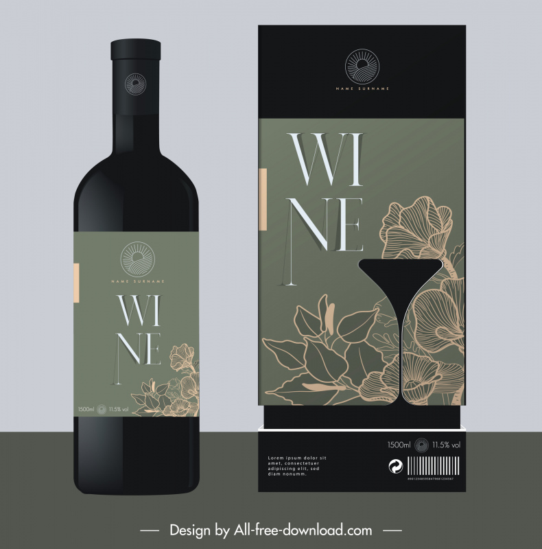 wine bottle packaging template elegant silhouette wineglass leaves