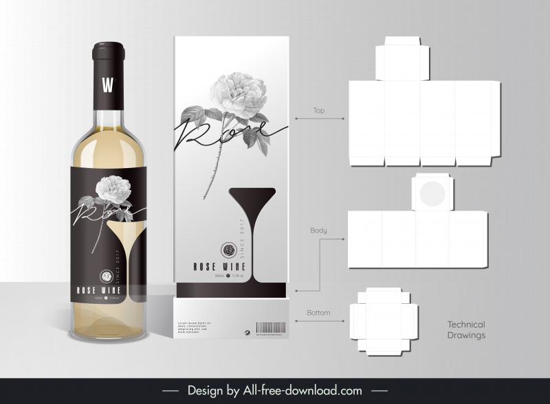 wine bottle packaging template silhouette wineglass flora decor