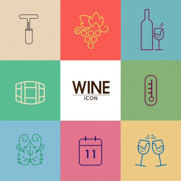 wine icons design elements flat colored sketch 