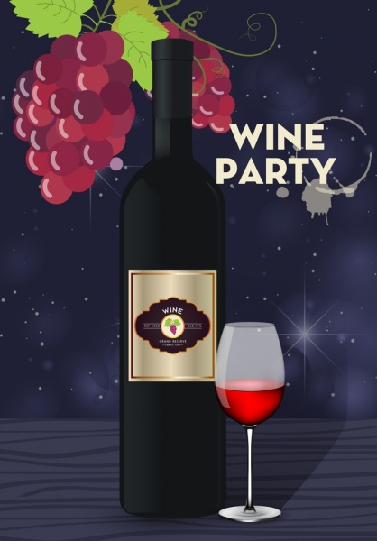 wine party banner multicolored bottle glass grapes icons