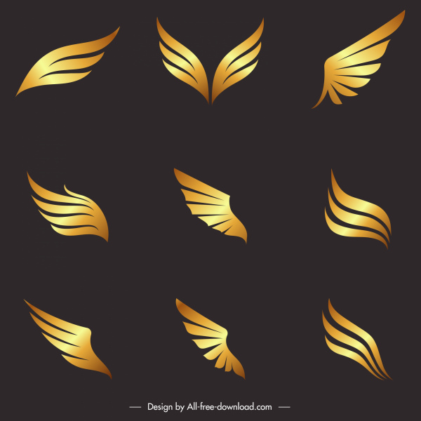 wings icons modern shiny golden shapes